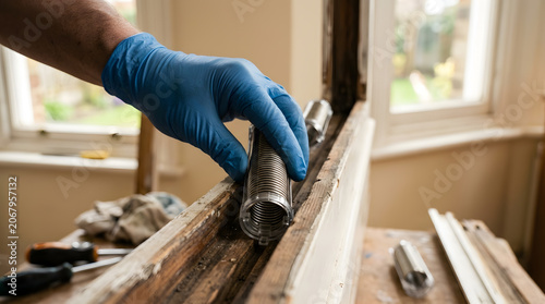 Repairing sash windows with spiral balances | Gloved hand installing window hardware | Wooden window restoration and maintenance | Home renovation window repair services