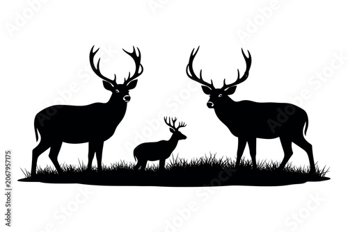 Foto Majestic deer silhouette family a buck doe and fawn in a grassy field scene