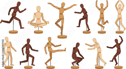 фотографія Wooden artist mannequin vector set featuring movable jointed figures in running