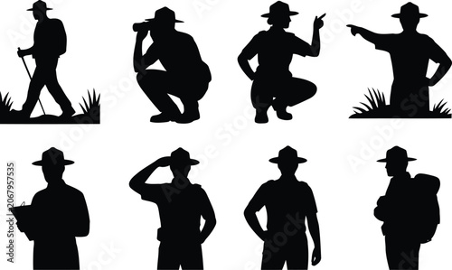 Foto Set of silhouettes of park rangers and scouts performing various outdoor nature