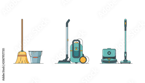 Evolution of cleaning equipment from a simple broom and bucket to a traditional vacuum cleaner and modern robotic vacuum systems.