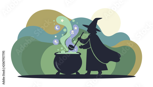 Mystical silhouette of a wizard stirring a magical potion inside a boiling cauldron on a surreal forest backdrop.