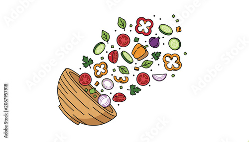 Colorful fresh vegetables and salad ingredients flying into a rustic wooden bowl against a clean white background.