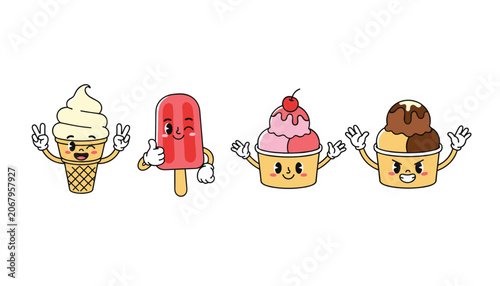 Cute collection of retro cartoon ice cream characters showing happy, winking, smiling, and angry faces on a white background.