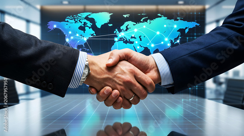 Global Business Partnership Handshake with International Network Connections Corporate Collaboration and Strategic Alliance Concept