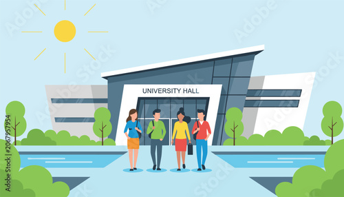 Happy diverse college students walking together in front of the modern university hall building under a bright sun.