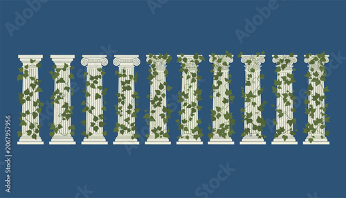 Set of classic white ancient stone columns decorated with green ivy leaves climbing up the pillars against a blue background.