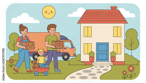 Happy young family moving into their new suburban house carrying cardboard boxes with a delivery truck in the background.
