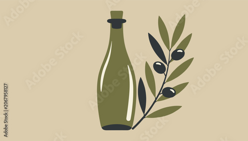 Traditional glass bottle of organic olive oil next to an olive branch with green leaves and ripe black olives.