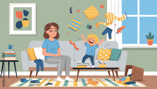 Tired exhausted mother sits on a sofa in a messy living room while her active toddler throws pillows and clothes.