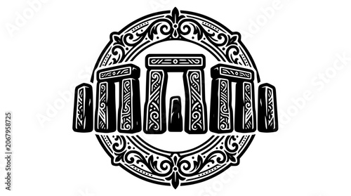 Photos Ornate circular emblem featuring Stonehenge prehistoric monument.
