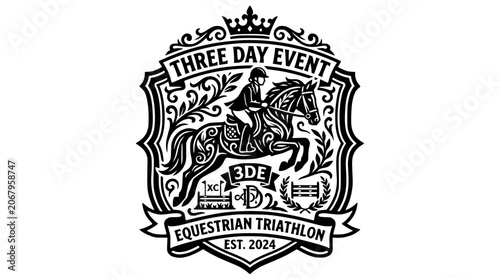 Tableau sur toile Detailed equestrian triathlon badge with horse and rider.