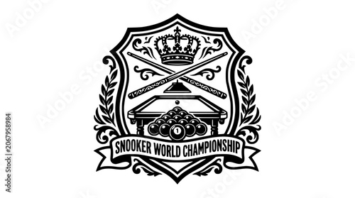 Foto Snooker World Championship formal emblem with table and cues.