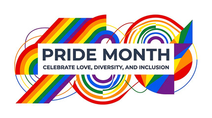 Pride month celebratory banner featuring rainbow circles and abstract waves
