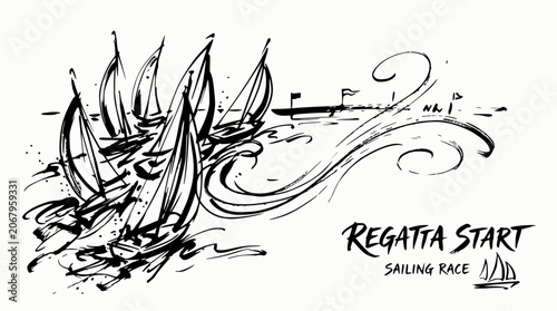 Obraz na plátně Hand drawn regatta sailing race sketch with yachts.