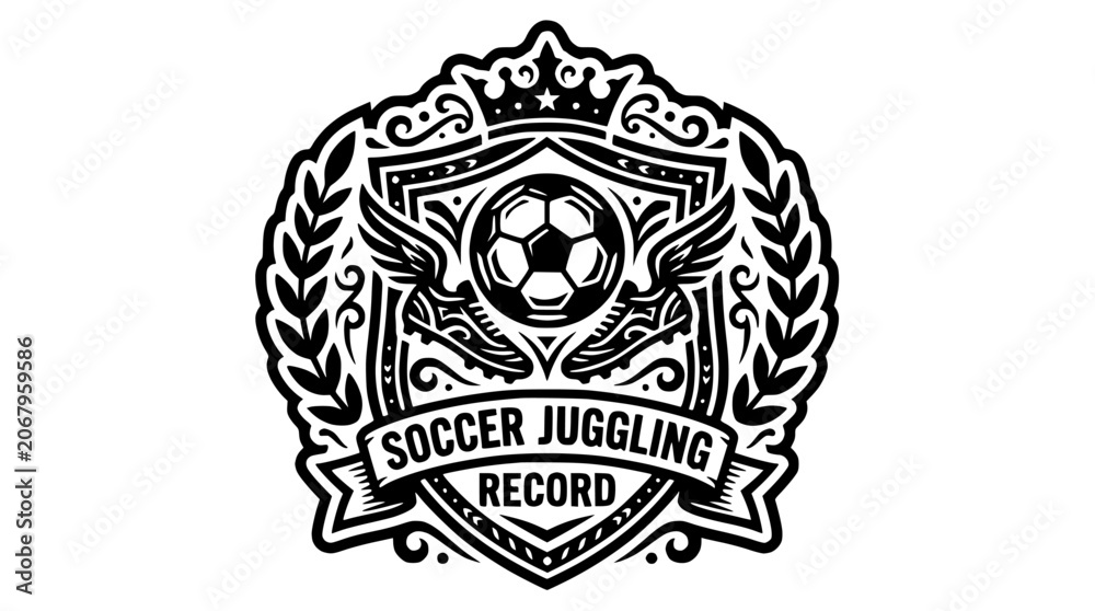 Fototapeta premium Soccer juggling record badge with ball and wreath.