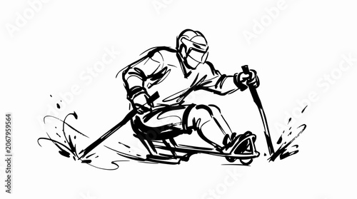 Photography Dynamic sled hockey player action sketch in black ink.