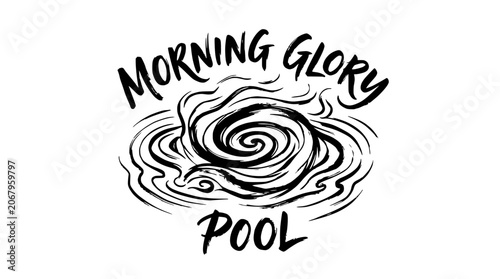 Morning Glory Pool typography with stylized water vortex design.