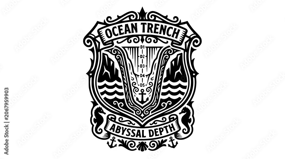 Fototapeta premium Ocean Trench Abyssal Depth nautical badge with anchor.