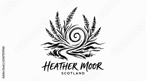 Heather moor Scotland botanical spiral logo design illustration