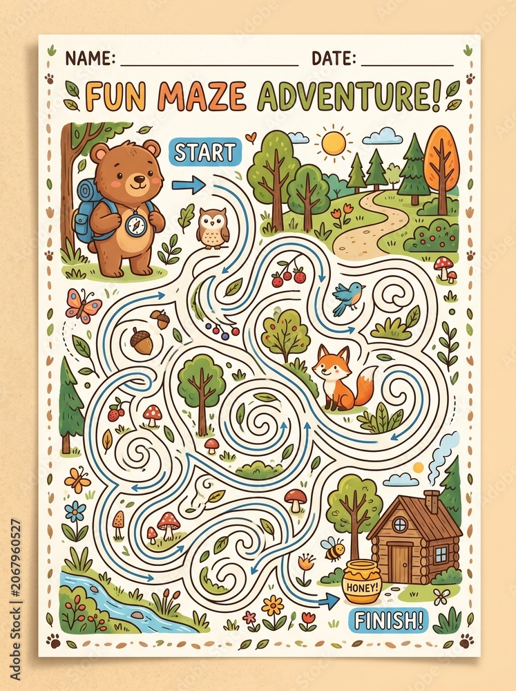 Fototapeta premium cute animal character navigating through a fun maze, educational printable activity page