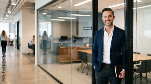 Portrait of smiling successful businessman standing near meeting conference room. Confident male executive entrepreneur manager holding notebook working corporate career in modern office.