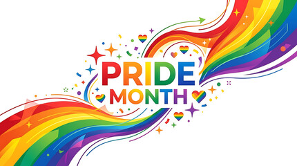 Pride month celebration graphic with rainbow color waves and floating hearts