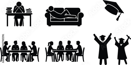 Student life journey from studying to graduation achievement stick figures