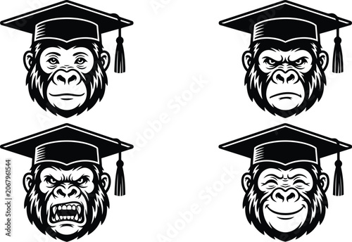 Gorilla wearing graduation cap expressing various emotions illustration