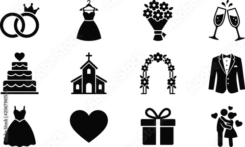 Elegant wedding event black glyph icons set vector illustration