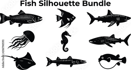 Diverse marine fish and sea creatures silhouette bundle vector illustration