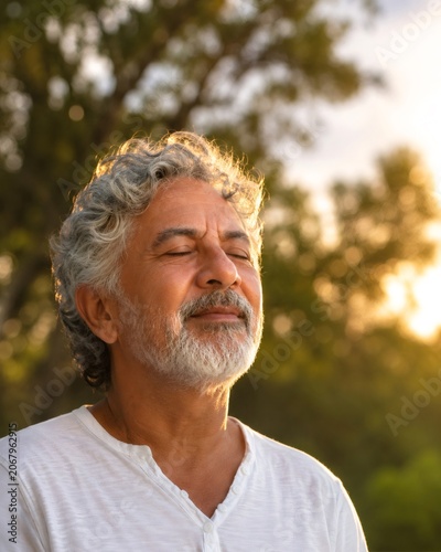 Senior man meditating outdoors enjoying golden sunlight and fresh air, finding peace and spiritual well being