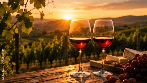 Glasses of red wine enjoying beautiful sunset in scenic Tuscany vineyard with cheese and grapes on a rustic table