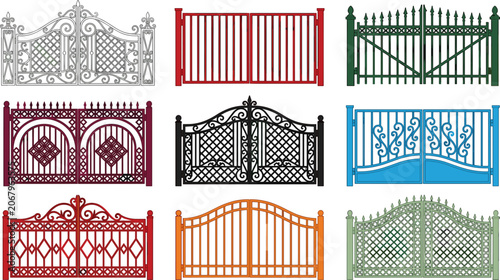 Canvas Print Ornate Wrought Iron and Metal Gates Vector Set with Classical Forged Steel Fence