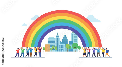 Diverse People Holding Giant Rainbow Over City Cityscape Vector Illustration for Diversity, Inclusion, LGBTQ+ Pride and Community Teamwork Concept