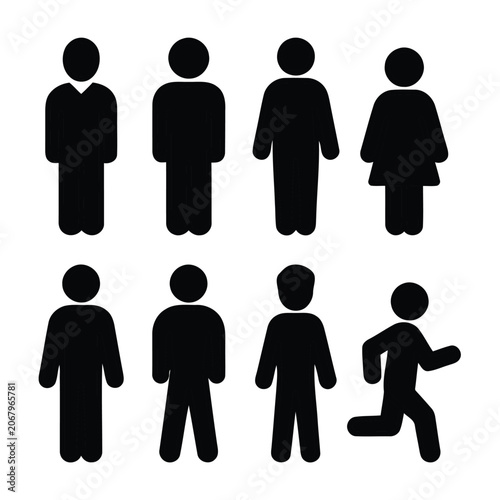 Set of human silhouette icons depicting various people styles for website design projects.