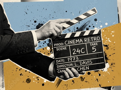 Movie clapper board and film reel vector illustration icon business concept design sign hand symbol