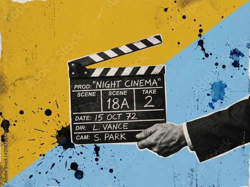 Grunge movie background with movie clapper board illustration and cinema production theme