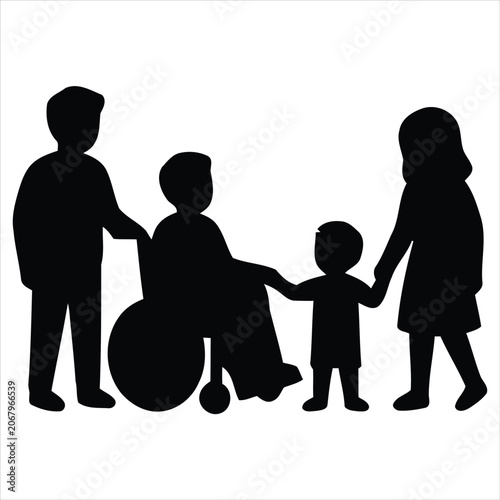 Family illustration showing disabled parent in wheelchair supported by kids and partner.