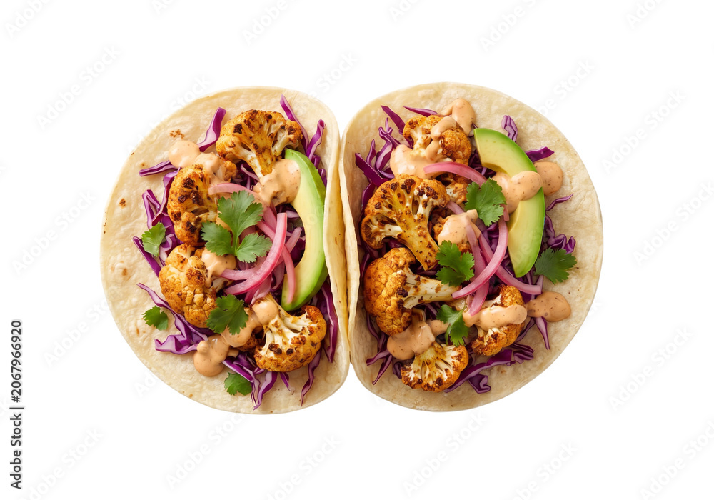 Fototapeta premium Two delicious vegan tacos filled with roasted cauliflower, red cabbage, and avocado, isolated on a transparent background; concept of vegan taco. 
