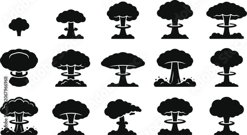 Bild auf Leinwand Collection of Nuclear Explosion Mushroom Cloud Icons in Silhouette on White Back