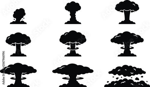 Bild auf Leinwand Set of Nine Nuclear Explosion Mushroom Cloud Icons in Silhouette on White Backgr