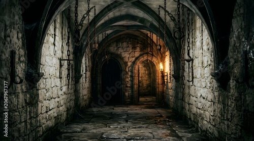 Dark medieval stone corridor with arches and flickering torchlight