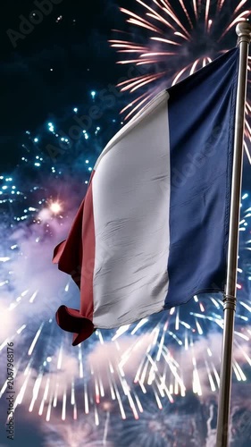 France flag waving with fireworks exploding in the background, vertical video celebrating national pride, victory, festive events and patriotic spirit