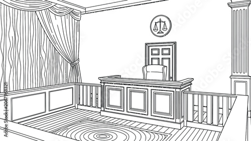 Tableau sur toile Courtroom interior with judge's bench witness stand scales of justice symbol pillars and curtains detailed line art drawing law