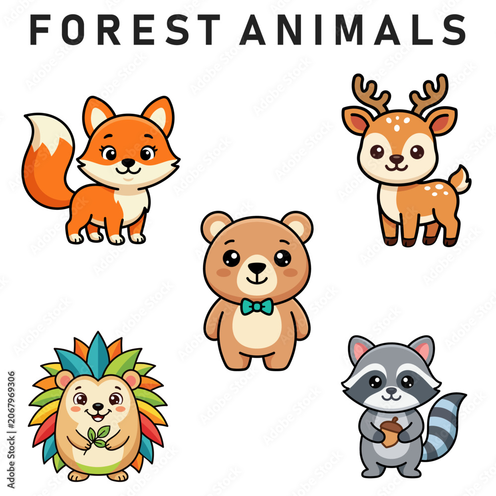 Fototapeta premium Cute Cartoon Forest Animals Character Bundle Set Vector Illustration Design