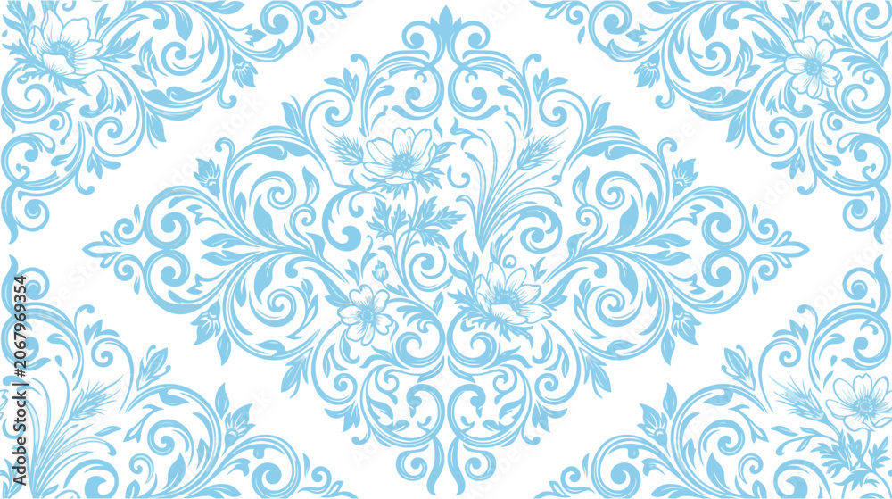 Fototapeta premium Light blue ornamental floral pattern on white background, vector graphic element for design