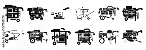 Εκτύπωση καμβά Set of agricultural grain threshing machine silhouette vector illustration