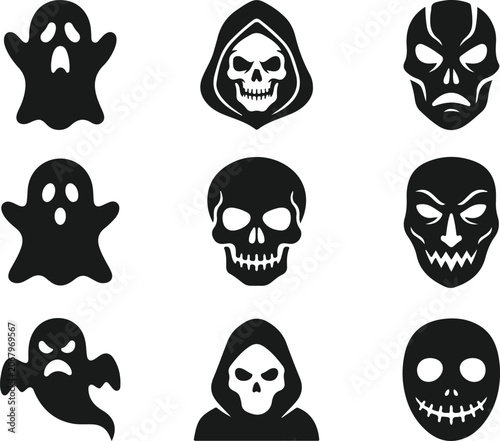 Canvas Print halloween ghost skull hooded figure silhouettes collection vector
