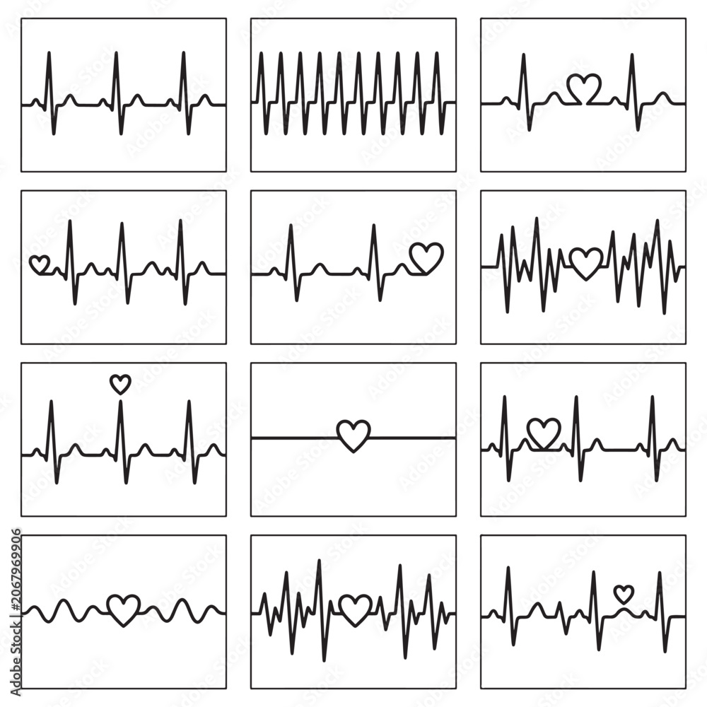 Naklejka premium Collection of various heart rate and heartbeat line icons
